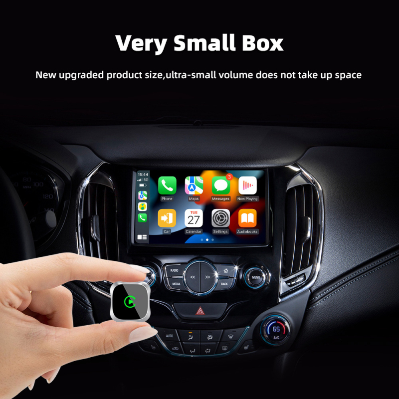 2-v-1 bezdrôtová krabička CarPlay a Android Auto s hliníkovým telom a akrylovým zrkadlovým povrchom, USB-C rozhranie, Linux OS, model TY616, kompatibilné s káblovým CarPlay/Android Auto