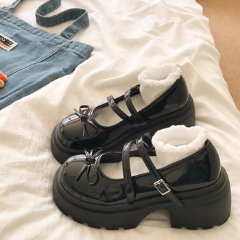 Naiste Mary Jane kingad, jaapani stiilis, madal avaus, ümmargune varvas, PU ülaosa, paks tald