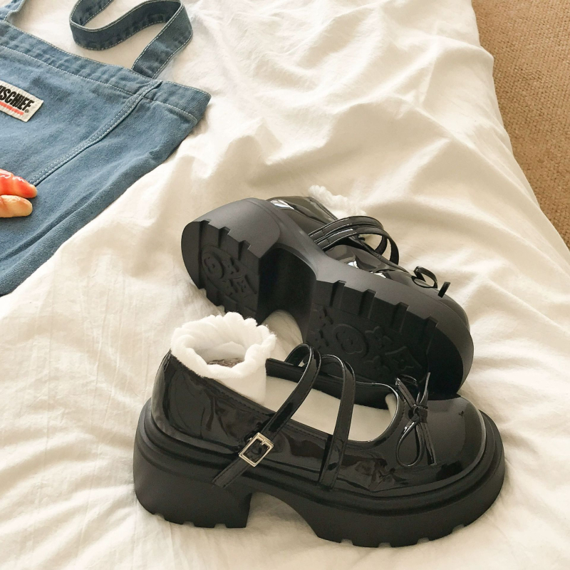 Naiste Mary Jane kingad, jaapani stiilis, madal avaus, ümmargune varvas, PU ülaosa, paks tald