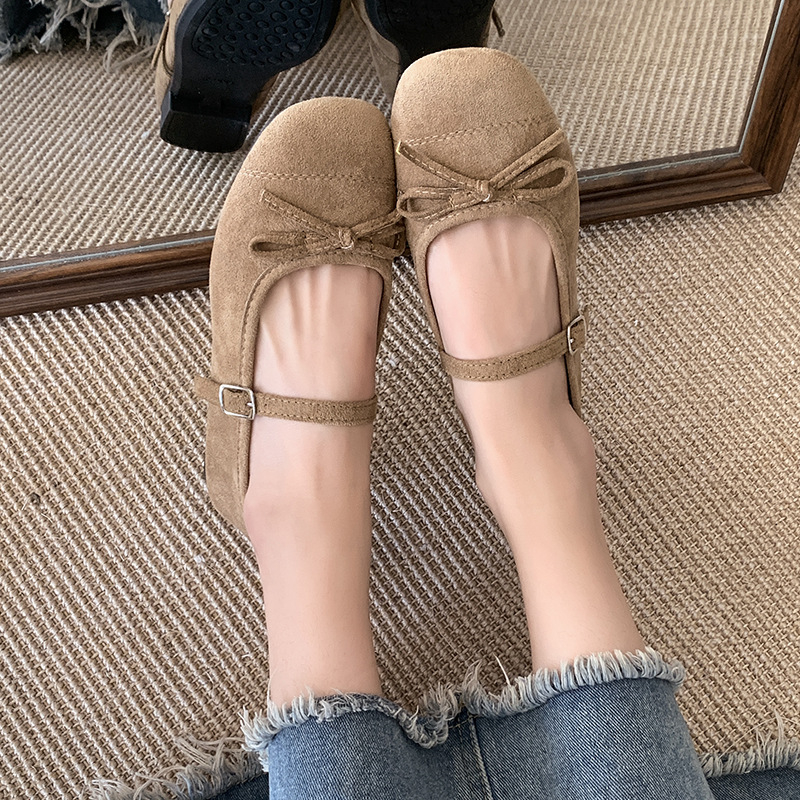 Ženske semiš balerinke s mašnicom, okrugli vrh, niski ravni pet, zatvaranje jednim remenom