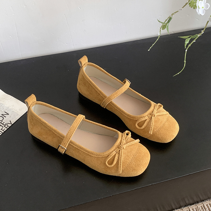 Ženske semiš balerinke s mašnicom, okrugli vrh, niski ravni pet, zatvaranje jednim remenom