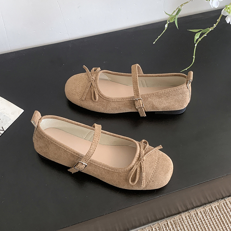 Ženske semiš balerinke s mašnicom, okrugli vrh, niski ravni pet, zatvaranje jednim remenom