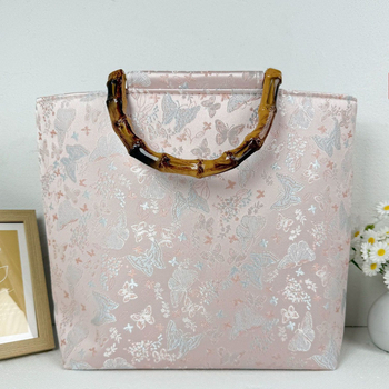 Hanfu stiilis Jacquard kotis bambuse sõlmega, polüester, tõmblukk, lõuend vooder, telefoni tasku