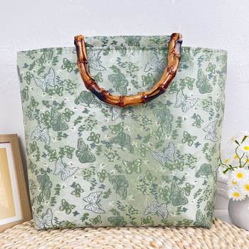 Hanfu stiilis Jacquard kotis bambuse sõlmega, polüester, tõmblukk, lõuend vooder, telefoni tasku