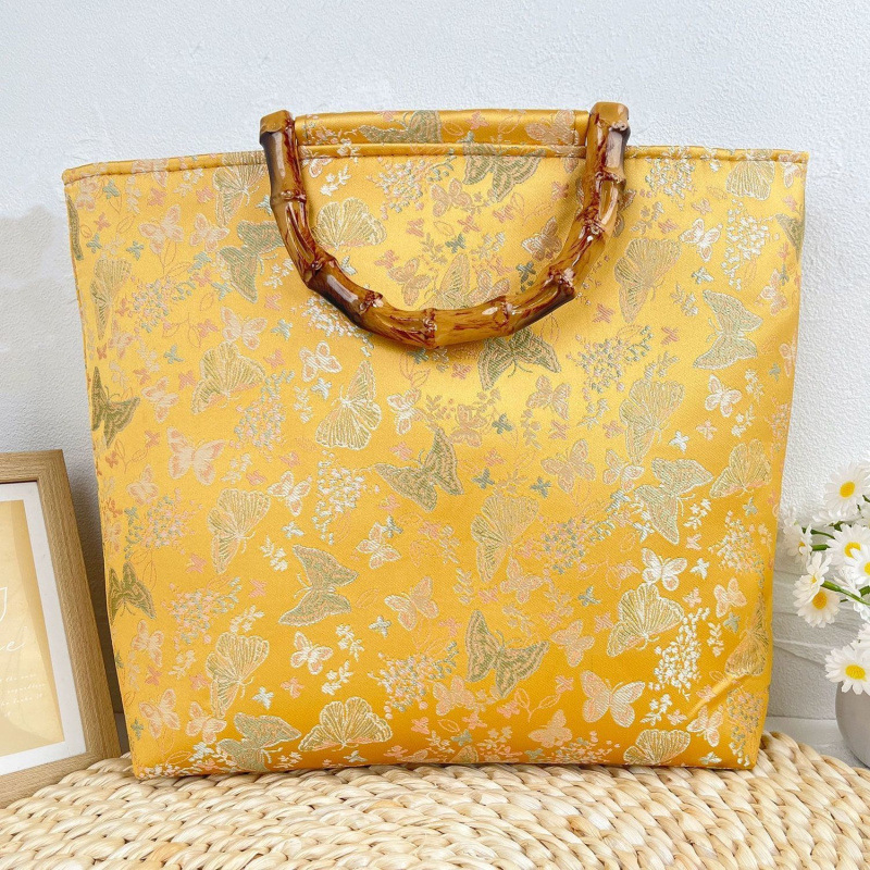 Hanfu stiilis Jacquard kotis bambuse sõlmega, polüester, tõmblukk, lõuend vooder, telefoni tasku