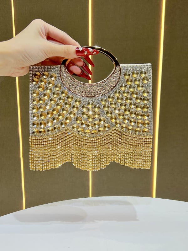 Õhtune crossbody kott rhinestone tasseliga – polüester, väike ruudukujuline kuju, magnetlukust, telefoni ja dokumentide taskud, 2025 kevad