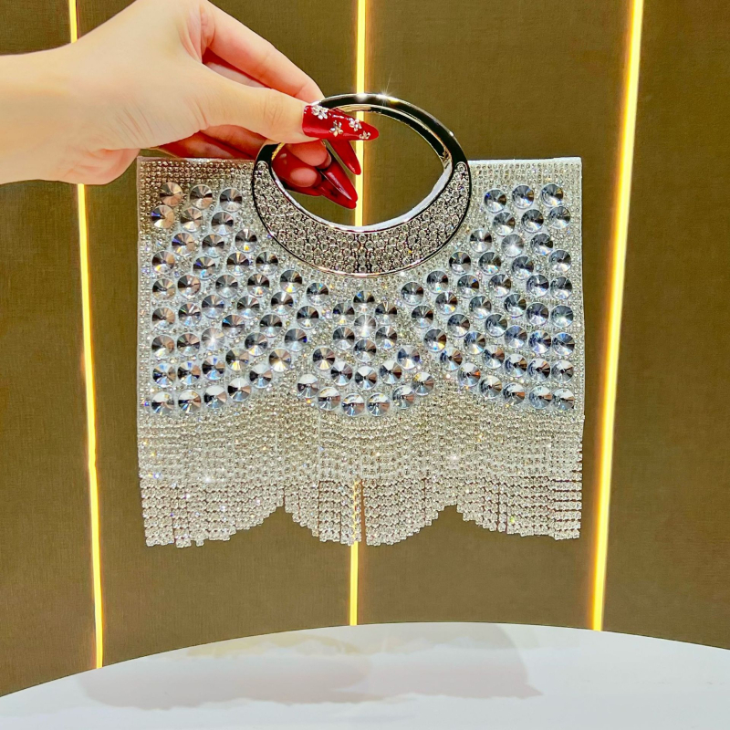 Õhtune crossbody kott rhinestone tasseliga – polüester, väike ruudukujuline kuju, magnetlukust, telefoni ja dokumentide taskud, 2025 kevad