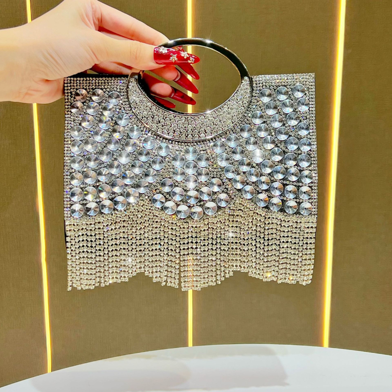 Õhtune crossbody kott rhinestone tasseliga – polüester, väike ruudukujuline kuju, magnetlukust, telefoni ja dokumentide taskud, 2025 kevad