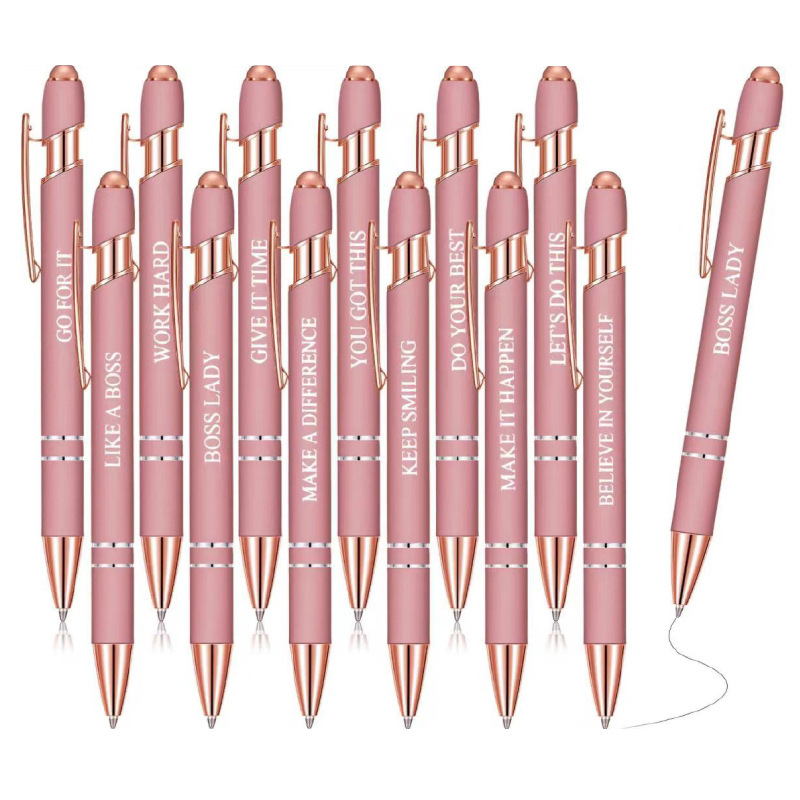 Set guľôčkových pier s inšpiratívnymi citátmi — kovové telo, hrot guľôčkový, balenie v krabici, nevymažateľné