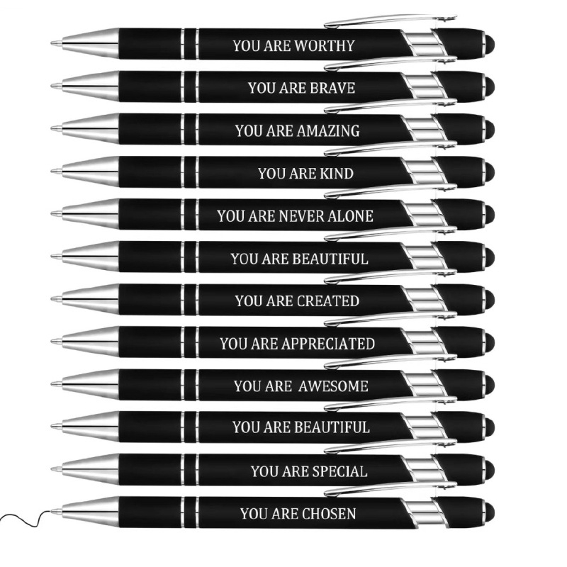 Set guľôčkových pier s inšpiratívnymi citátmi — kovové telo, hrot guľôčkový, balenie v krabici, nevymažateľné