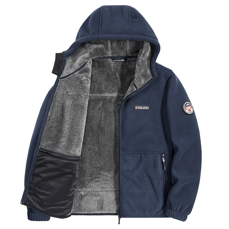 Muška dvostrano fleece jakna za zimu, stojeći ovratnik, zatvarač, slobodan kroj, 100% poliester fleece, bez podstave, jednofarbna