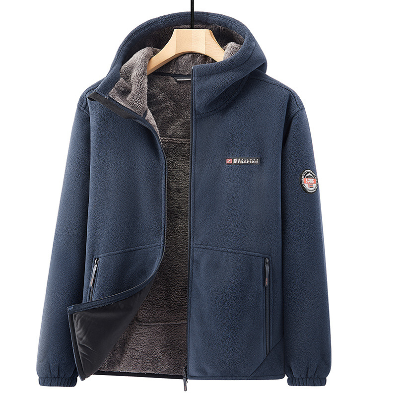 Muška dvostrano fleece jakna za zimu, stojeći ovratnik, zatvarač, slobodan kroj, 100% poliester fleece, bez podstave, jednofarbna