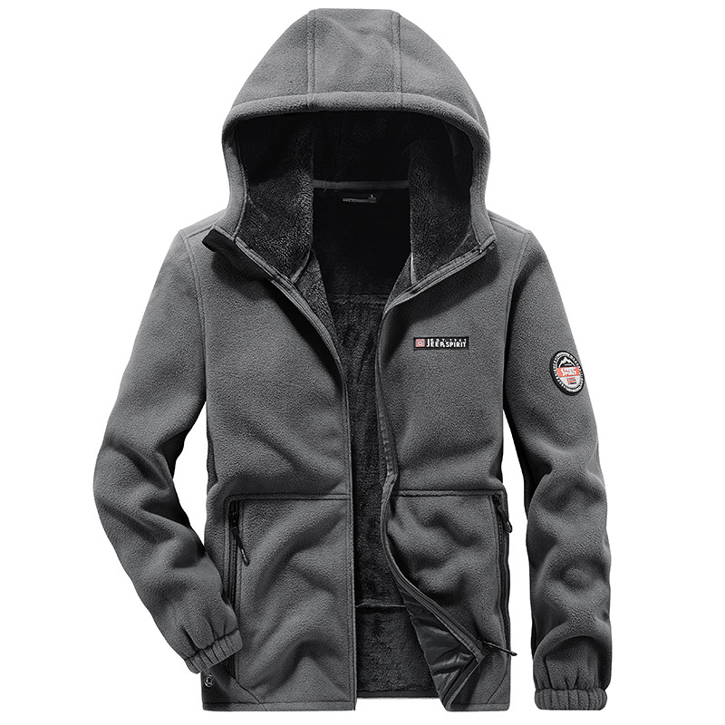 Muška dvostrano fleece jakna za zimu, stojeći ovratnik, zatvarač, slobodan kroj, 100% poliester fleece, bez podstave, jednofarbna