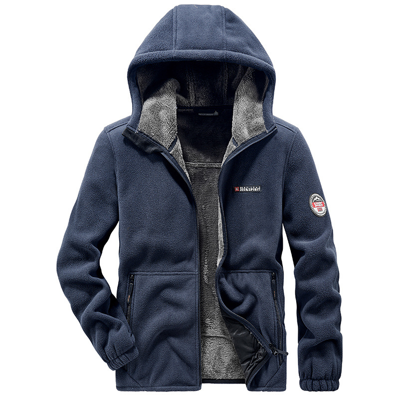 Muška dvostrano fleece jakna za zimu, stojeći ovratnik, zatvarač, slobodan kroj, 100% poliester fleece, bez podstave, jednofarbna