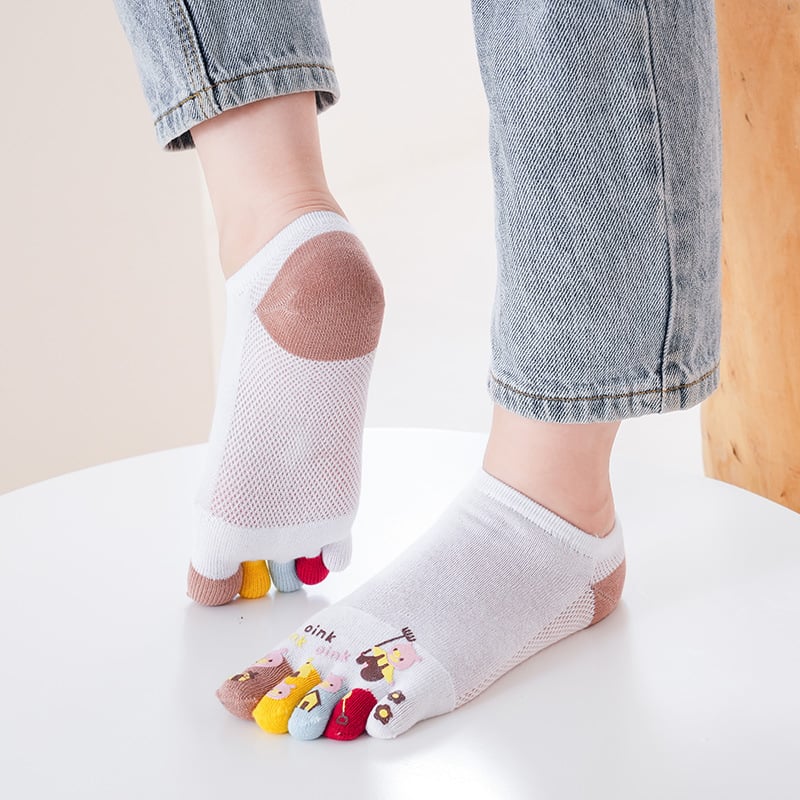 Памучни чорапи с пет пръста за лято, мрежести, антифрикционни, анимационен карикатурен дизайн, къс маншет, съдържание на памук 80–90%