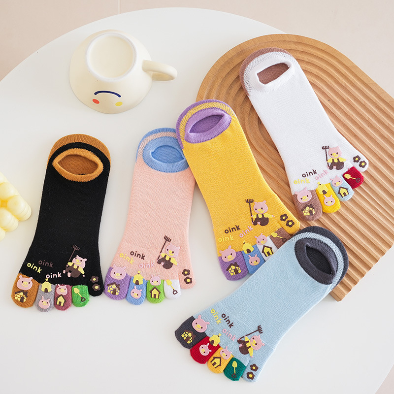 Памучни чорапи с пет пръста за лято, мрежести, антифрикционни, анимационен карикатурен дизайн, къс маншет, съдържание на памук 80–90%
