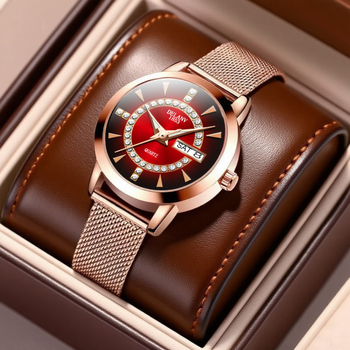 Ženski sat s Milansko mrežastim kaišem, kvarcni mehanizam, svijetleći brojčanik, kalendar i prikaz tjedna, vodootpornost 10 m.