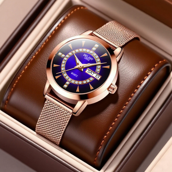 Ženski sat s Milansko mrežastim kaišem, kvarcni mehanizam, svijetleći brojčanik, kalendar i prikaz tjedna, vodootpornost 10 m.