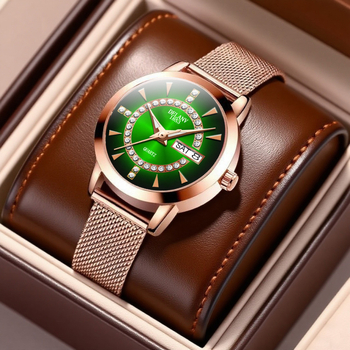 Ženski sat s Milansko mrežastim kaišem, kvarcni mehanizam, svijetleći brojčanik, kalendar i prikaz tjedna, vodootpornost 10 m.