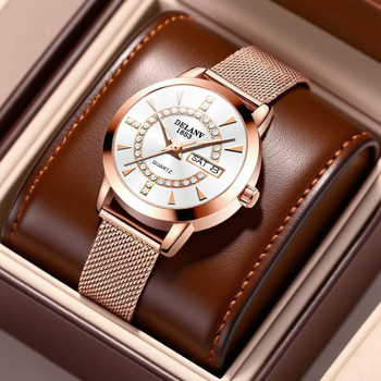 Ženski sat s Milansko mrežastim kaišem, kvarcni mehanizam, svijetleći brojčanik, kalendar i prikaz tjedna, vodootpornost 10 m.