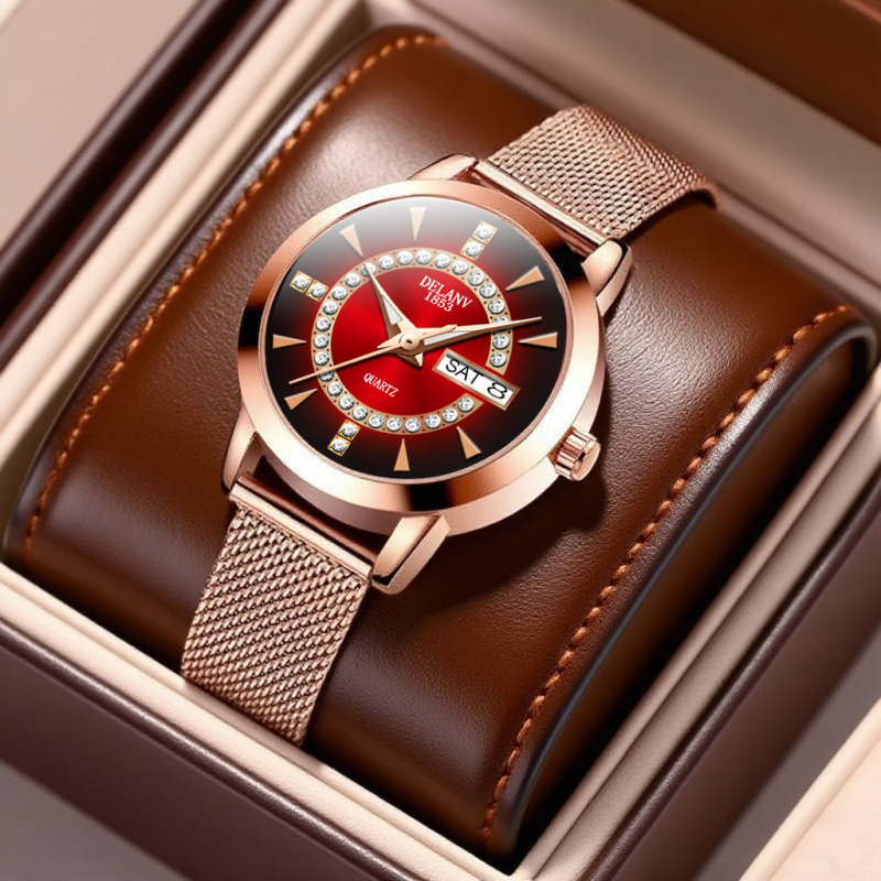 Ženski sat s Milansko mrežastim kaišem, kvarcni mehanizam, svijetleći brojčanik, kalendar i prikaz tjedna, vodootpornost 10 m.