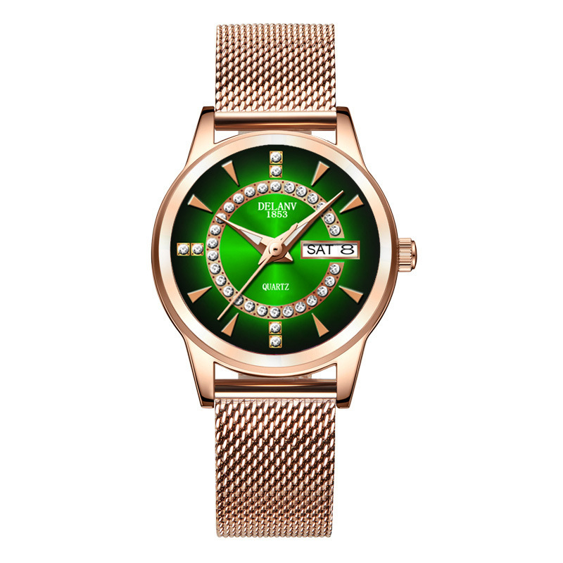 Ženski sat s Milansko mrežastim kaišem, kvarcni mehanizam, svijetleći brojčanik, kalendar i prikaz tjedna, vodootpornost 10 m.