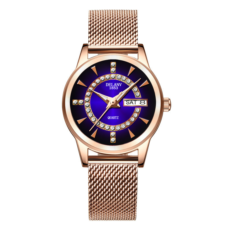 Ženski sat s Milansko mrežastim kaišem, kvarcni mehanizam, svijetleći brojčanik, kalendar i prikaz tjedna, vodootpornost 10 m.