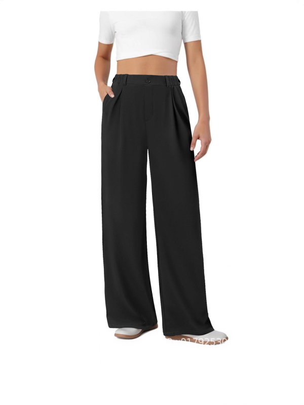 Ženske formalne široke hlače s elastičnim strukom, prednje plisirane i džepovi, poliester-spandeks tkanina