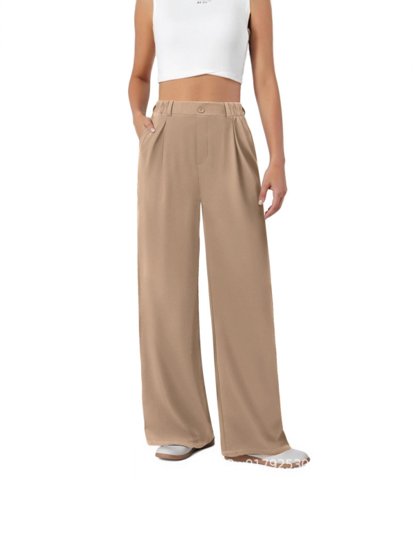 Ženske formalne široke hlače s elastičnim strukom, prednje plisirane i džepovi, poliester-spandeks tkanina