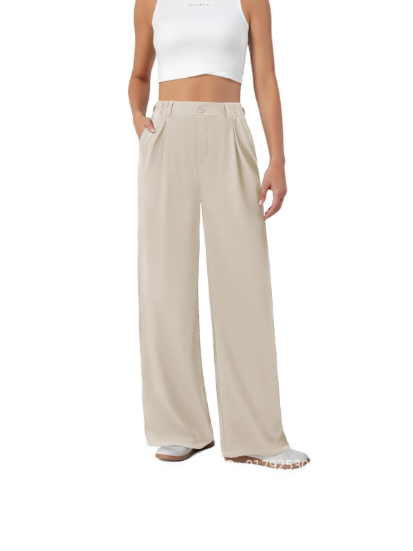 Ženske formalne široke hlače s elastičnim strukom, prednje plisirane i džepovi, poliester-spandeks tkanina