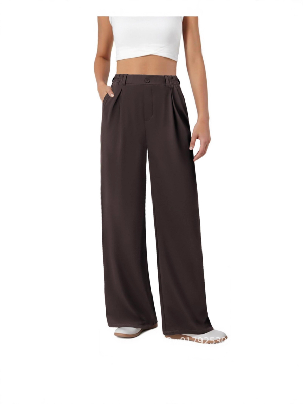 Ženske formalne široke hlače s elastičnim strukom, prednje plisirane i džepovi, poliester-spandeks tkanina