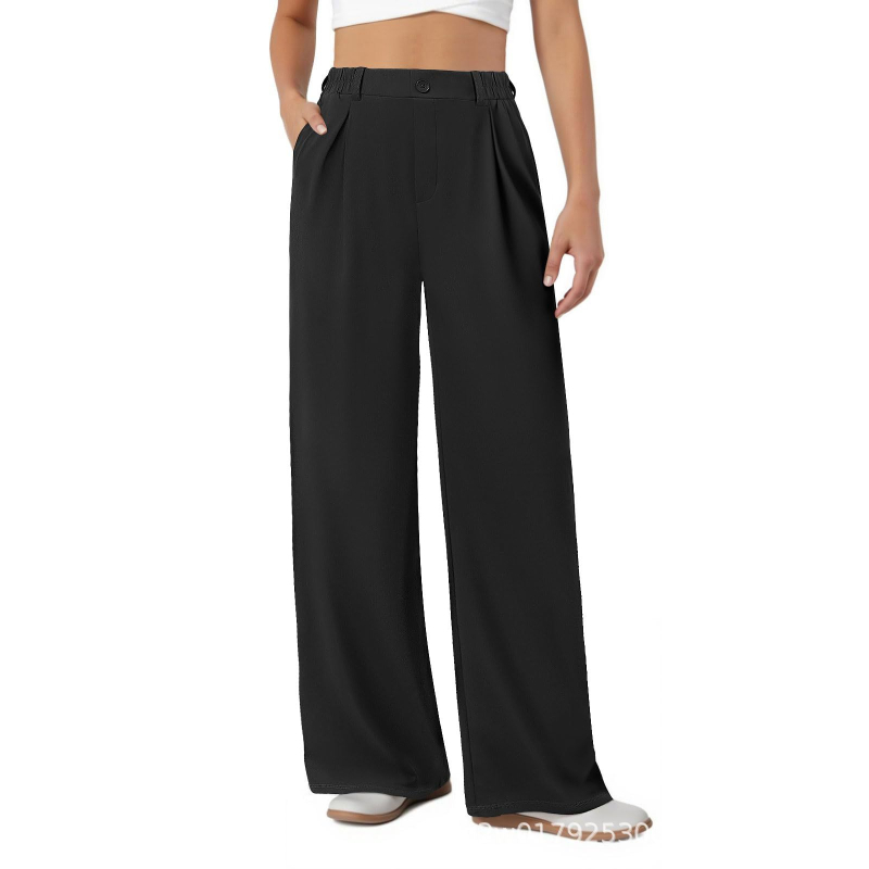 Ženske formalne široke hlače s elastičnim strukom, prednje plisirane i džepovi, poliester-spandeks tkanina