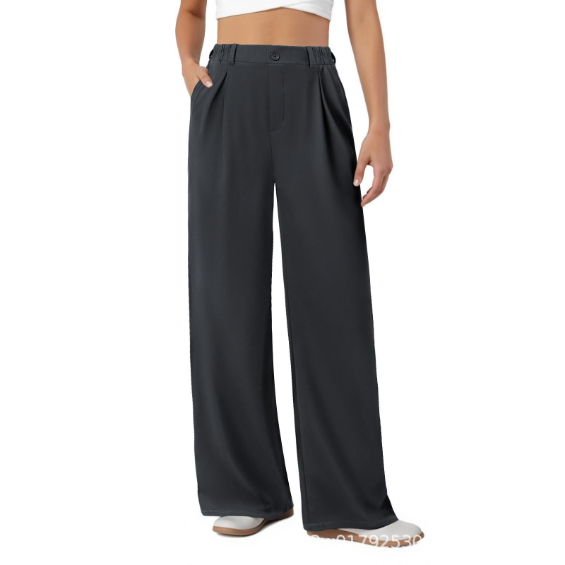 Ženske formalne široke hlače s elastičnim strukom, prednje plisirane i džepovi, poliester-spandeks tkanina