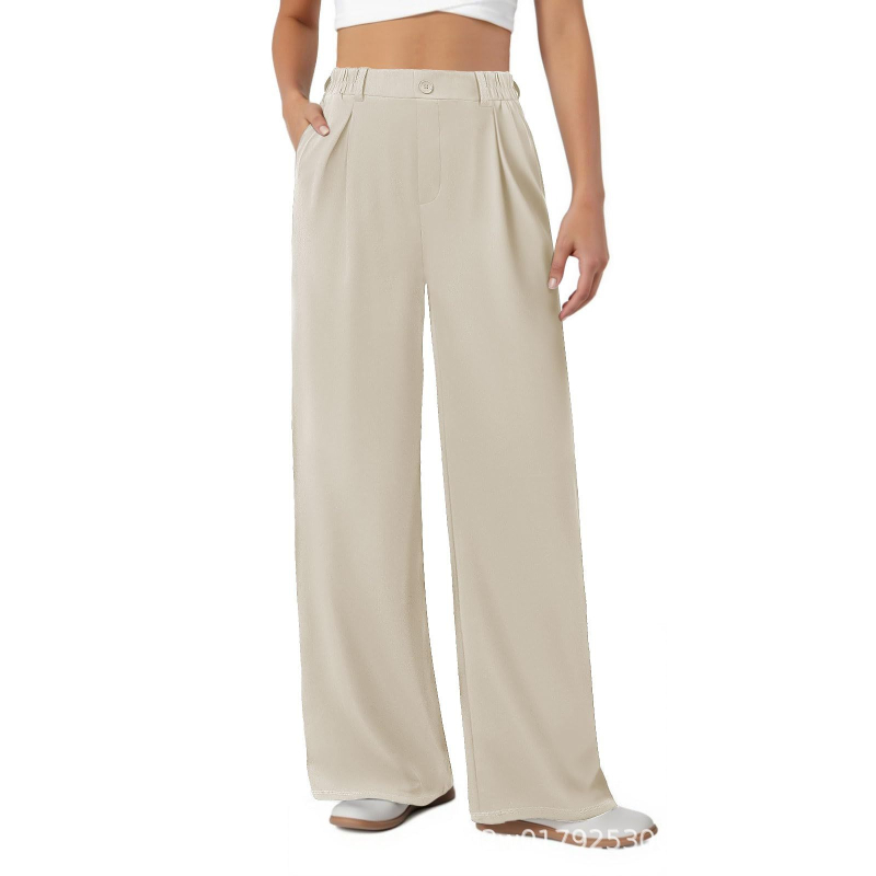 Ženske formalne široke hlače s elastičnim strukom, prednje plisirane i džepovi, poliester-spandeks tkanina