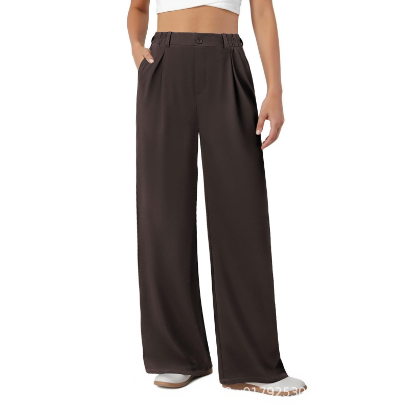 Ženske formalne široke hlače s elastičnim strukom, prednje plisirane i džepovi, poliester-spandeks tkanina
