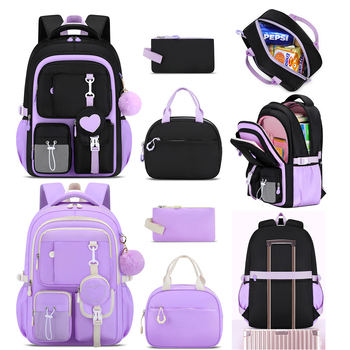 Mergaitėms skolas kuprinė, Oxford audinys, kvėpuojanti, atspari vandeniui, spalvų blokavimo raštas, peties dirželiai su oro pagalvėle