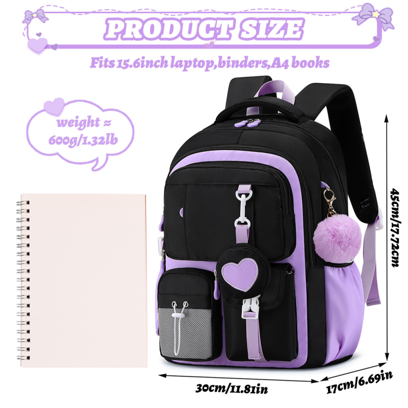 Mergaitėms skolas kuprinė, Oxford audinys, kvėpuojanti, atspari vandeniui, spalvų blokavimo raštas, peties dirželiai su oro pagalvėle