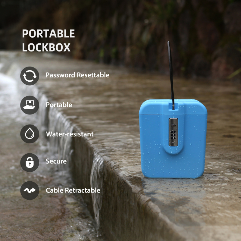 Prenosná ABS skrinka s heslom, model 04BX, hrúbka zámkovej tyče 5 mm, rozostup zámkov 105 mm; vhodná pre kľúče, karty, šperky a okuliare.