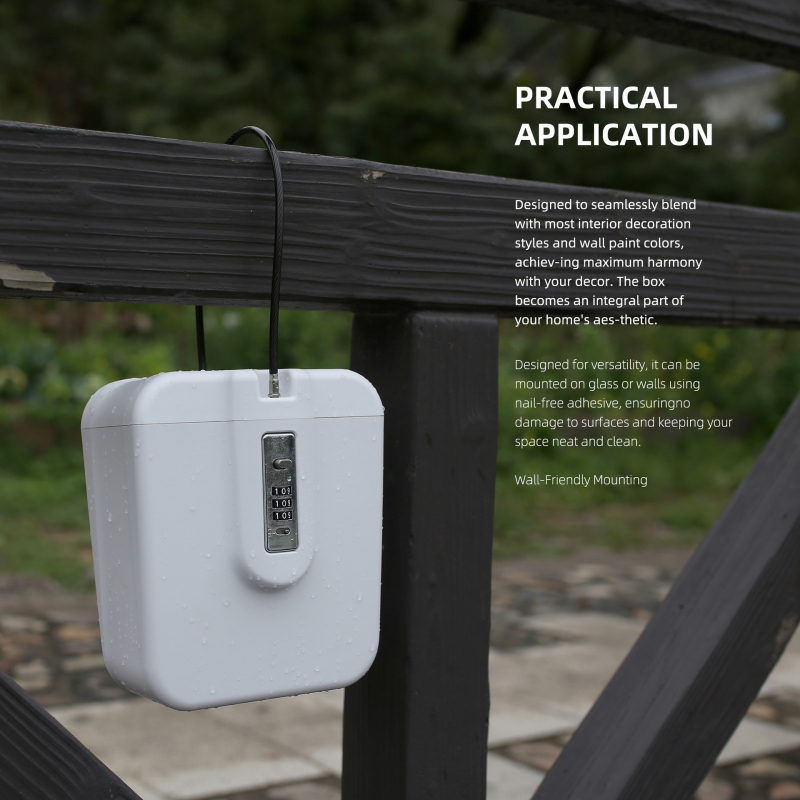 Prenosná ABS skrinka s heslom, model 04BX, hrúbka zámkovej tyče 5 mm, rozostup zámkov 105 mm; vhodná pre kľúče, karty, šperky a okuliare.