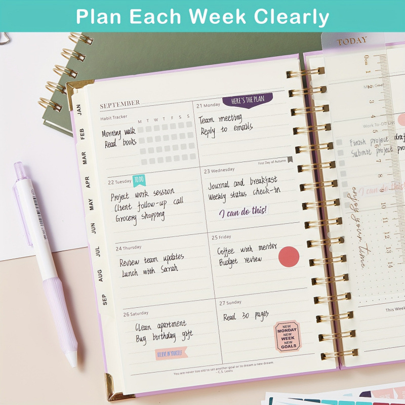 Planner roka až týždeň s Post-it poznámkami a papierovými nálepkami, Kraft papier, PVC nálepky a zrkadlové nálepky, prispôsobenie k dispozícii