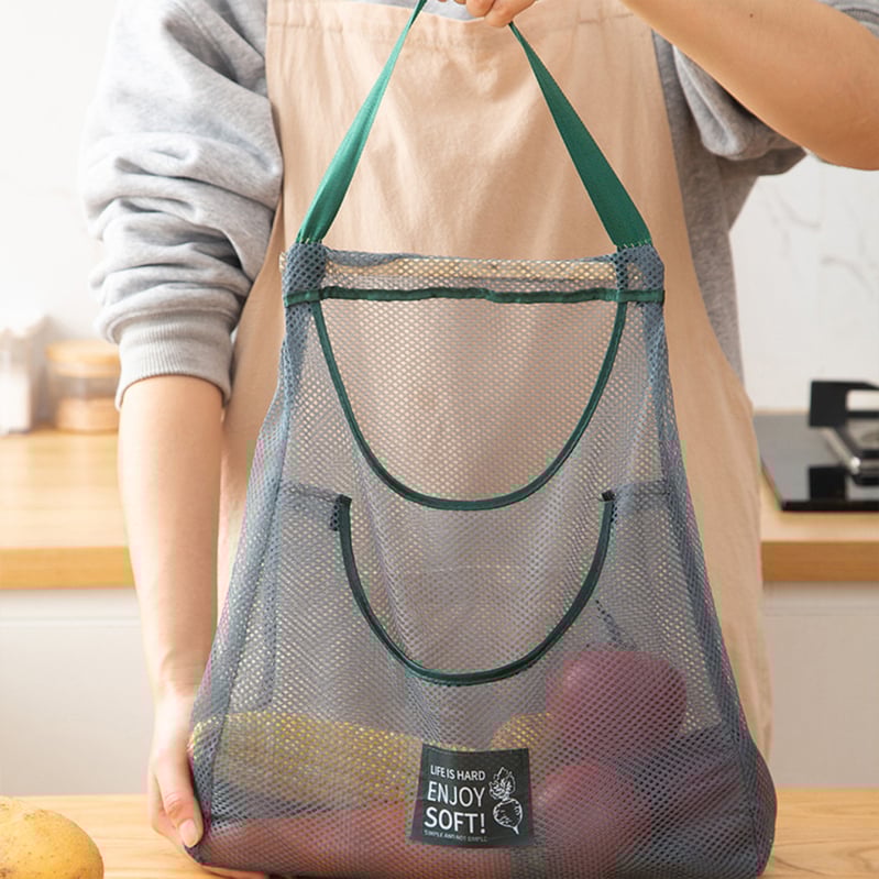 Kuchynská zavesná taška na ovocie a zeleninu s úložným priestorom na cesnak a zázvor, dýchajúca sieťovina z polyesteru, na stenu