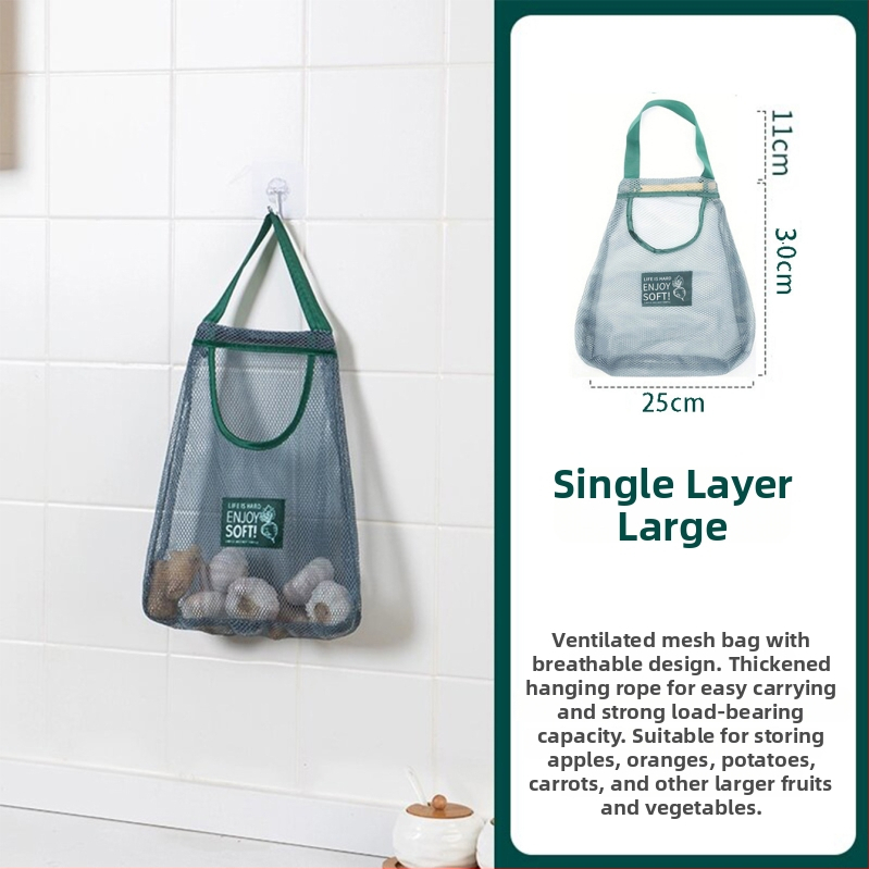 Kuchynská zavesná taška na ovocie a zeleninu s úložným priestorom na cesnak a zázvor, dýchajúca sieťovina z polyesteru, na stenu