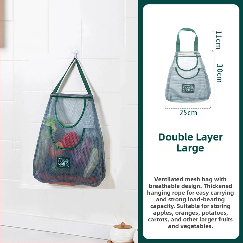 Kuchynská zavesná taška na ovocie a zeleninu s úložným priestorom na cesnak a zázvor, dýchajúca sieťovina z polyesteru, na stenu