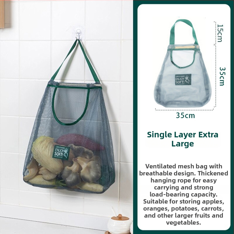 Kuchynská zavesná taška na ovocie a zeleninu s úložným priestorom na cesnak a zázvor, dýchajúca sieťovina z polyesteru, na stenu