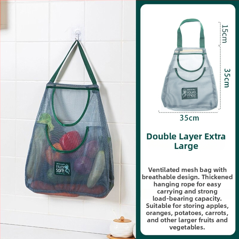 Kuchynská zavesná taška na ovocie a zeleninu s úložným priestorom na cesnak a zázvor, dýchajúca sieťovina z polyesteru, na stenu