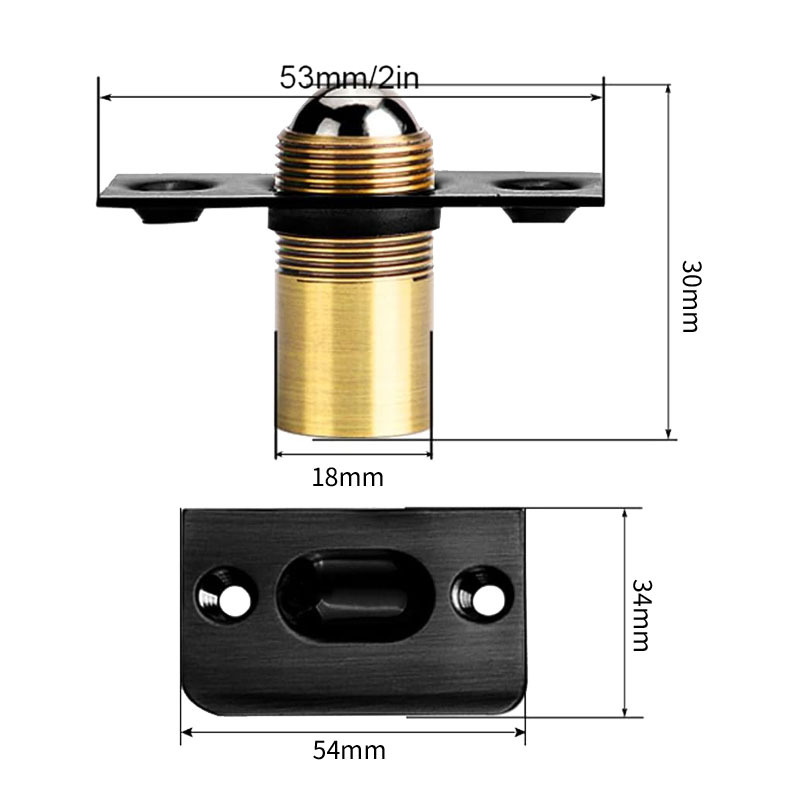 Meďový doraz na dvere s nastaviteľnou pružinou, zapustený typ pre montáž na dvere, leštený a elektrolytický povrch