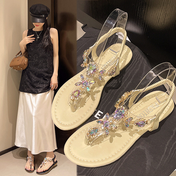 Ženske ravne sandale s kristalima i elastikom pojasom, PU gornji dio, gumena potplat, okrugli prst, prozračne, boemski stil