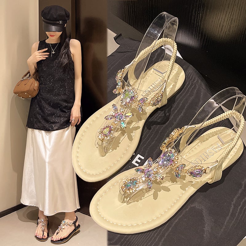 Ženske ravne sandale s kristalima i elastikom pojasom, PU gornji dio, gumena potplat, okrugli prst, prozračne, boemski stil