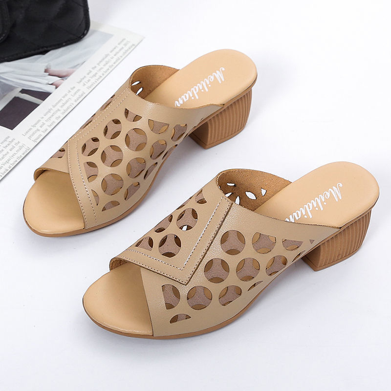 Ženske PU kožne sandale sa srednjom debelim petom, perforiran dizajn za casual nošenje