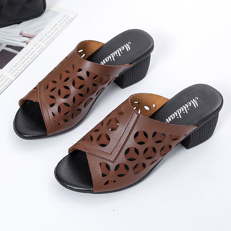 Ženske PU kožne sandale sa srednjom debelim petom, perforiran dizajn za casual nošenje